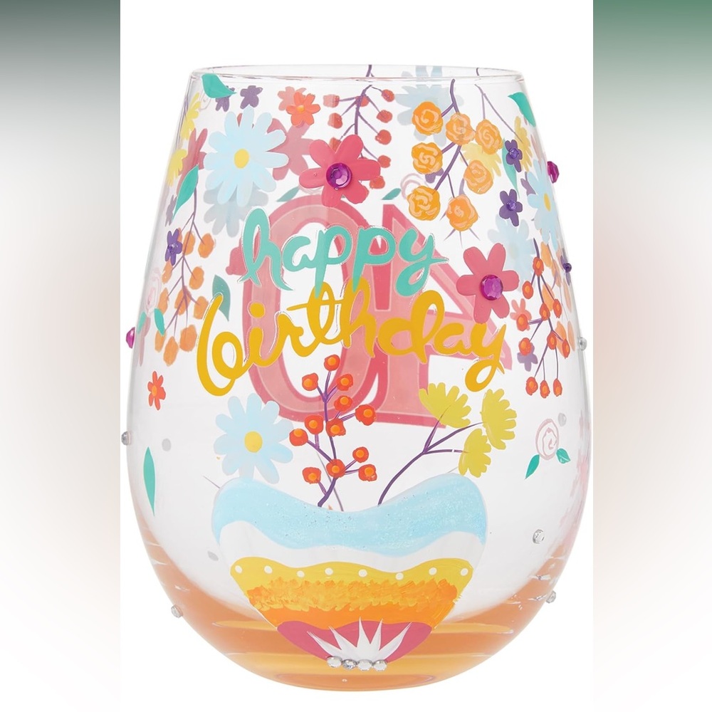 {Lolita} Colorful Floral 40th Celebration Stemless Wine Glass - Picture 3 of 9